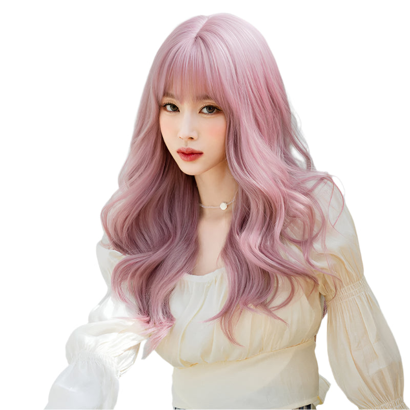 Kawaii Dreamy Sakura Pink Wavy Wig 🌸✨ | High-Density Curly Hair with Bangs for Sweet Girls 💖🎀