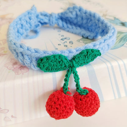 🌸 Adorable Cherry Charm Cat Collar 🌟 Handmade Knitted Cutie for Your Feline Friend 🐾✨