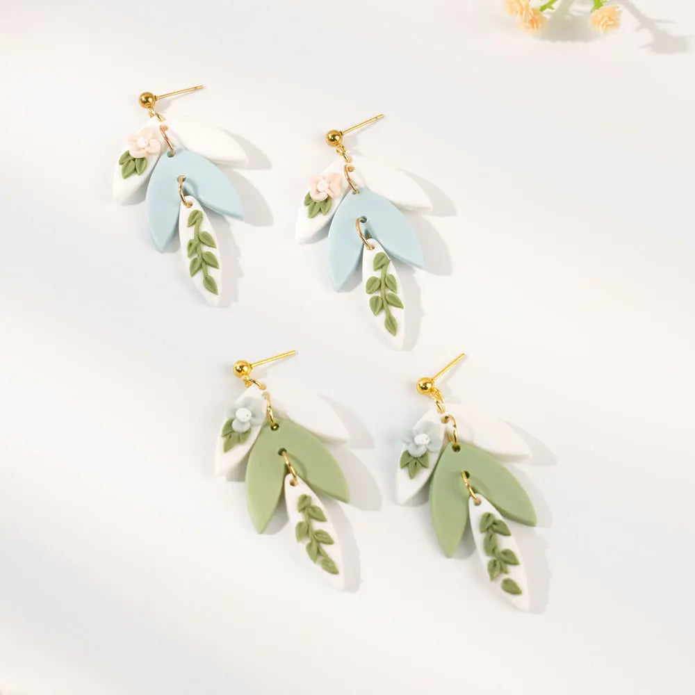 3D Handmade Flower Leaf Polymer Clay Drop Earrings In Green Blue Collision Color For Women Jewelry Gifts 🌿💙🌸