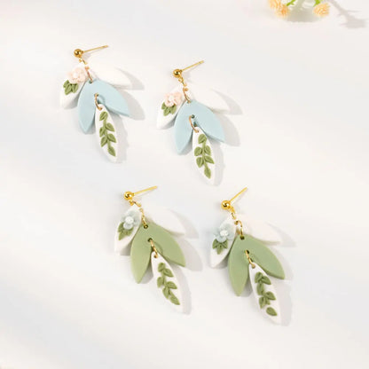 3D Handmade Flower Leaf Polymer Clay Drop Earrings In Green Blue Collision Color For Women Jewelry Gifts 🌿💙🌸