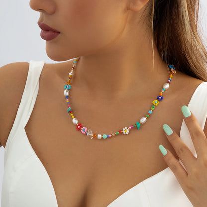 Kawaii Rainbow Baroque Pearl Choker 🌈✨ | Handmade Seed Bead Floral Necklace for Trendy Women 🌸💖