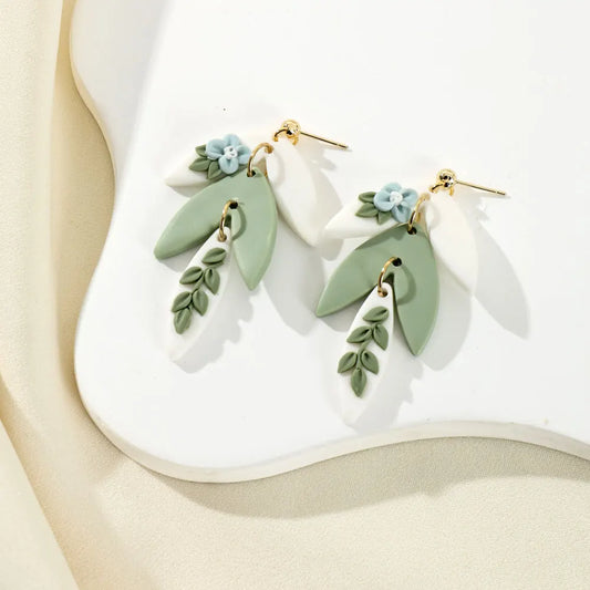 3D Handmade Flower Leaf Polymer Clay Drop Earrings In Green Blue Collision Color For Women Jewelry Gifts 🌿💙🌸