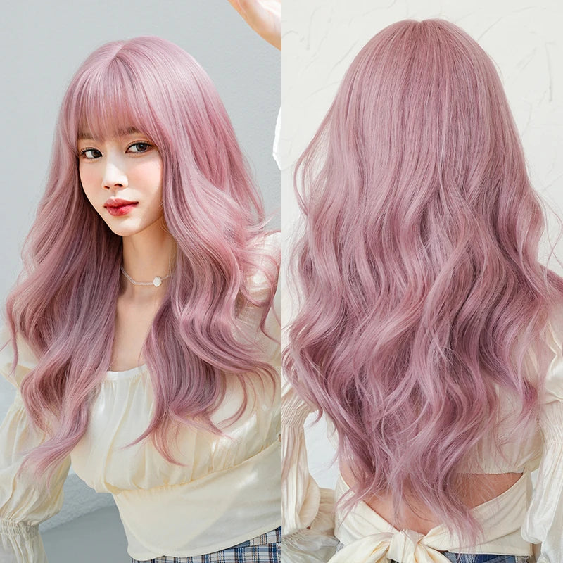 Kawaii Dreamy Sakura Pink Wavy Wig 🌸✨ | High-Density Curly Hair with Bangs for Sweet Girls 💖🎀