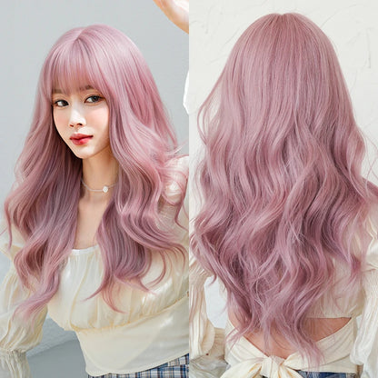 Kawaii Dreamy Sakura Pink Wavy Wig 🌸✨ | High-Density Curly Hair with Bangs for Sweet Girls 💖🎀
