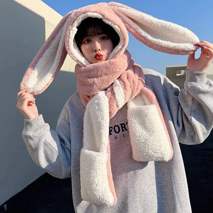 🥰 Kawaii Plush Rabbit Ears 3-Piece Winter Hat & Scarf Set 🐰✨