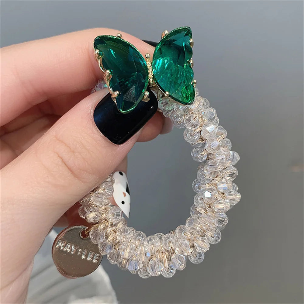 Kawaii Crystal Butterfly Hair Tie 🦋✨ | Luxurious Beaded Elastic Hair Band for Women & Girls | Exquisite Ponytail Accessory 🎀