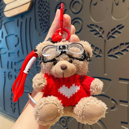 Pilot Bear Keychain With Goggles Plush Pendant Pearl Rope Accessory 🧸🪢