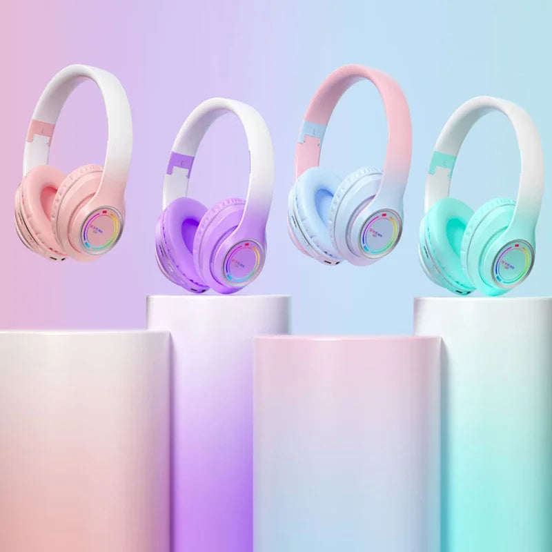 Kawaii Gradient Bluetooth Headphones 🎧✨ | Adorable Wireless Earphones for Girls 🌈🌸 | Foldable Stereo Headset for Gaming & More!
