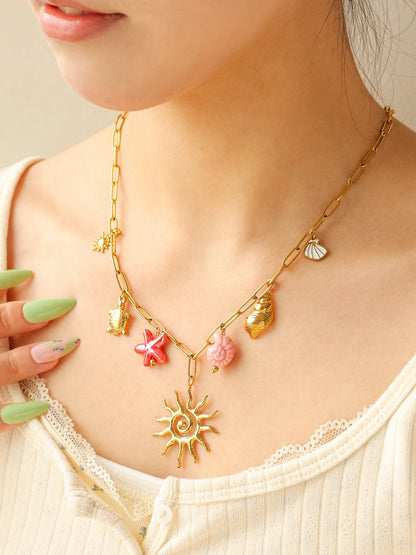 Vintage Stainless Steel Shell Turtle Pendant Necklace With Sun Starfish Charm For Women 🐢🌊✨