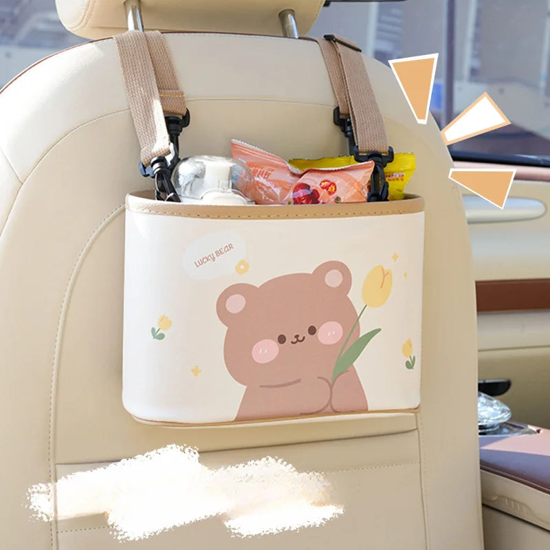 Cute Tulip Bear Car Storage Box 🐻🌷 - Adorable Multi-Functional Seat Back Trash Can!