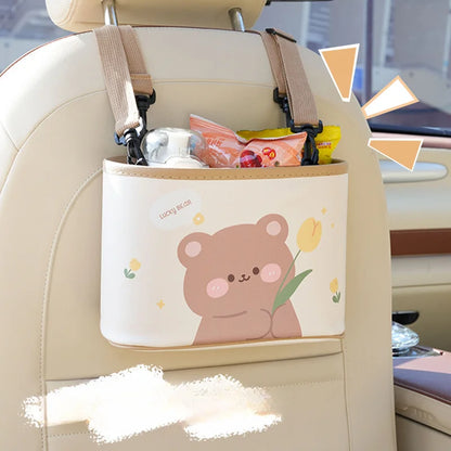 Cute Tulip Bear Car Storage Box 🐻🌷 - Adorable Multi-Functional Seat Back Trash Can!