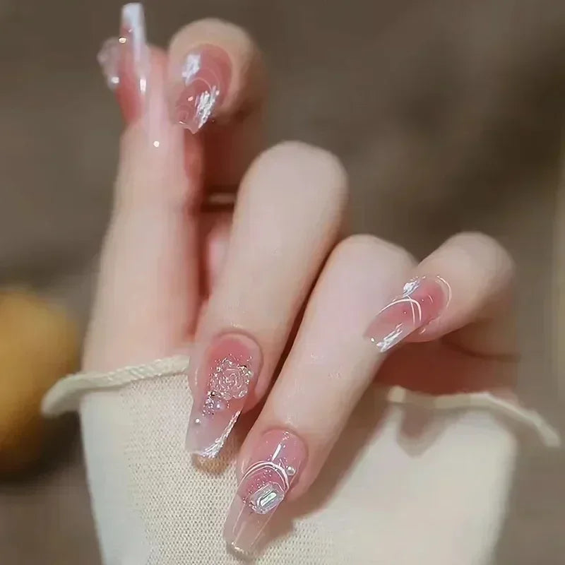 Kawaii Blush Pink Glitter Cat Eye Press-On Nails 💖✨ | 24Pcs Cute Coffin Full Cover Short Square Nail Art Tips