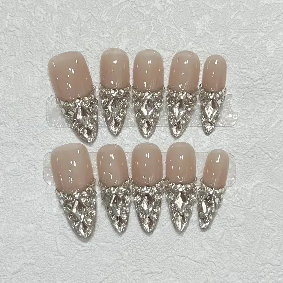 Kawaii 10-Piece Rhinestone Almond Press-On Nails ✨💅 | Handmade Acrylic Nail Art Set for Adorable Looks! 🌟
