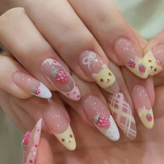 Kawaii Pink Strawberry Bear Almond Press-On Nails 🍓🐻 | 10Pcs Cute Acrylic Full Cover Tips for Summer 🌸✨