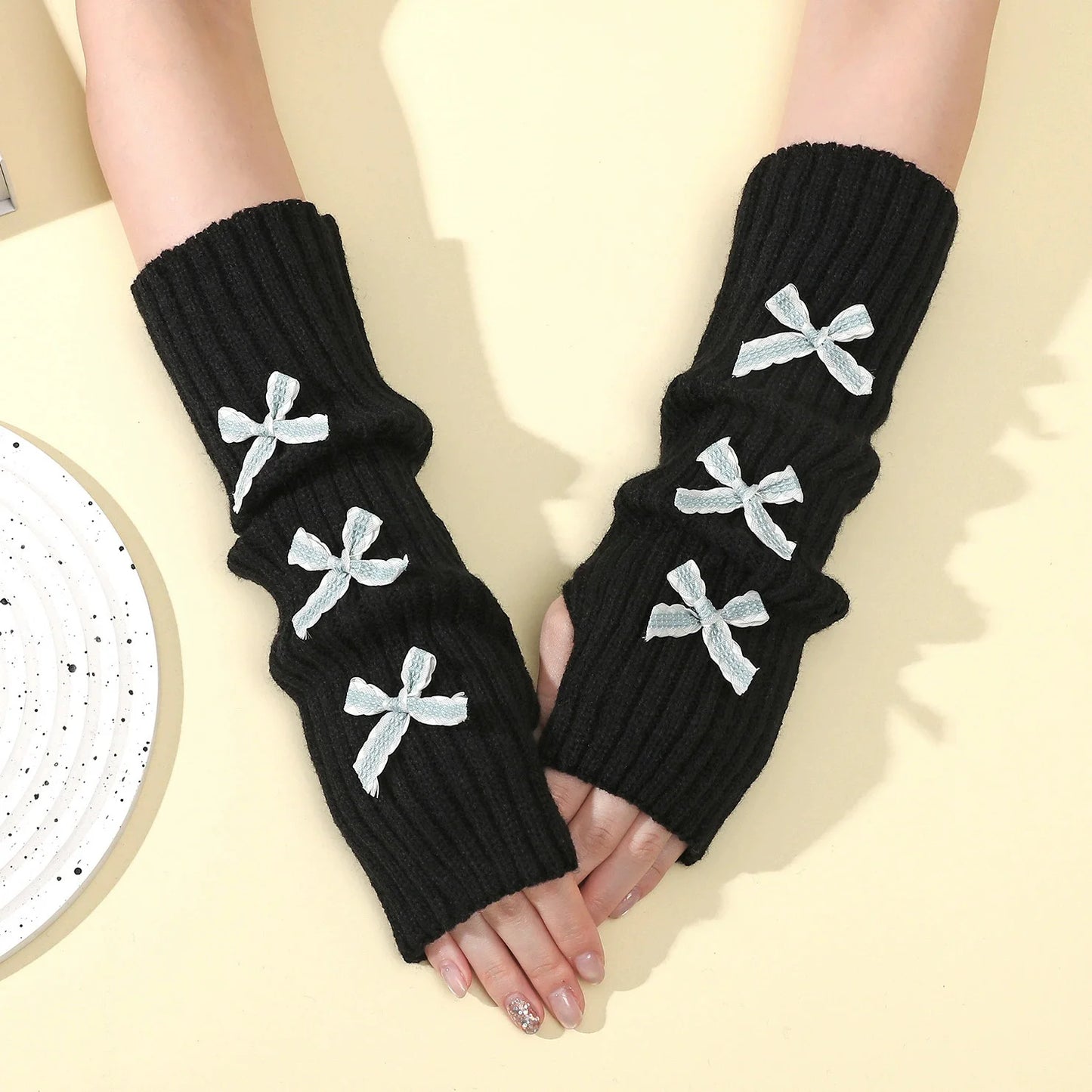 Y2K Bow Fingerless Gloves For Women Knit Arm Warmers Hands Free Winter 😺🧶❄️