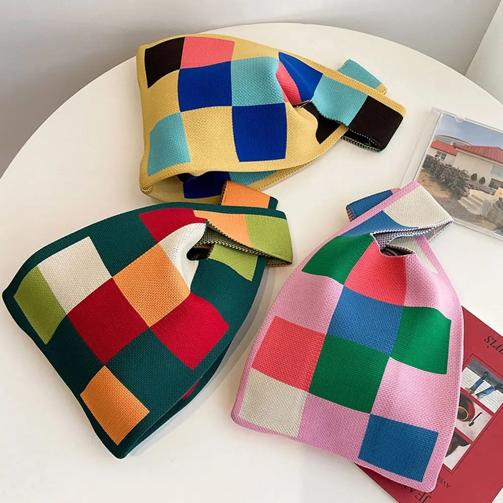 Kawaii Knitted Mini Tote Bag 👜✨ | Cute Plaid Handbag for Women | Stylish & Versatile Reusable Shopping Bag 🌈💖