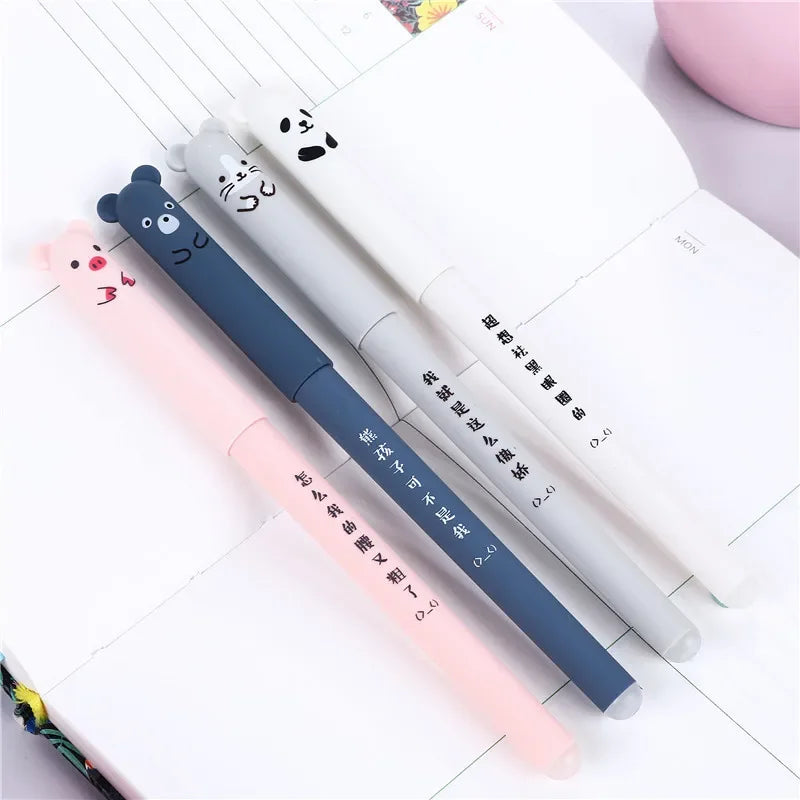 Kawaii Erasable Gel Pen Set 🐷🐻🐱🐭 - 4 Adorable Designs for School & Office ✏️✨ - 0.35mm Blue & Black Ink