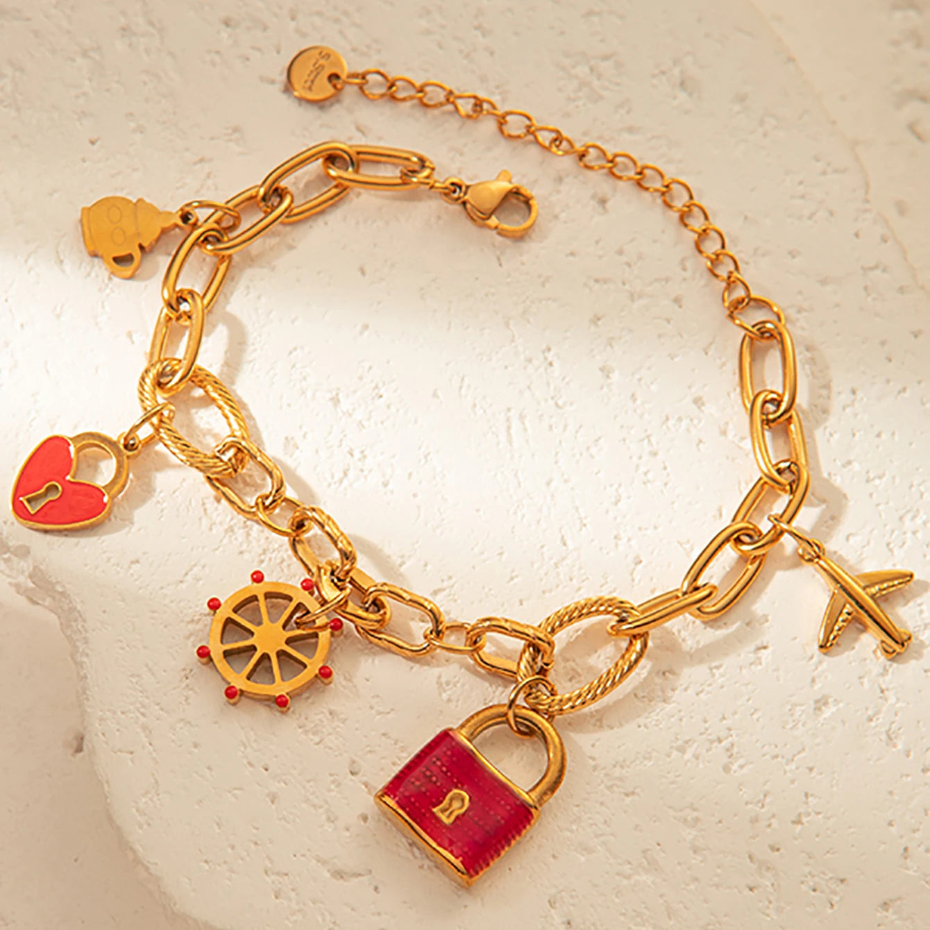 Cute Airplane Rudder Love Lock Bracelet 18K Gold Plated Stainless Steel For Women Gift Idea 💖✨🌸