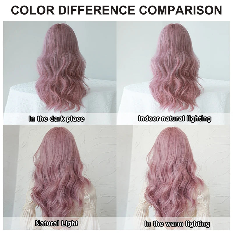Kawaii Dreamy Sakura Pink Wavy Wig 🌸✨ | High-Density Curly Hair with Bangs for Sweet Girls 💖🎀