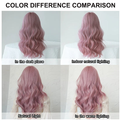 Kawaii Dreamy Sakura Pink Wavy Wig 🌸✨ | High-Density Curly Hair with Bangs for Sweet Girls 💖🎀
