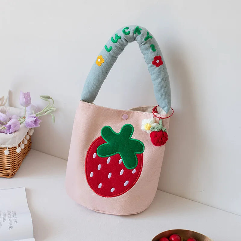 Kawaii Strawberry Embroidery Canvas Bucket Bag 🍓✨ - Cute Summer Handbag for Women with Pendant & Fashionable Letter Design!