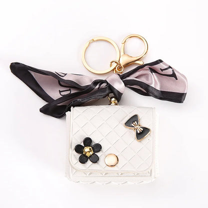 Korean Floral Bow Earphone Storage Keychain Bag Charm Leather Coin Purse 💖👜