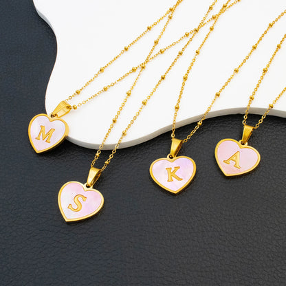 Pink Round Shell 26 Letter Alphabet Pendant Necklace Stainless Steel Charm 💗🪸