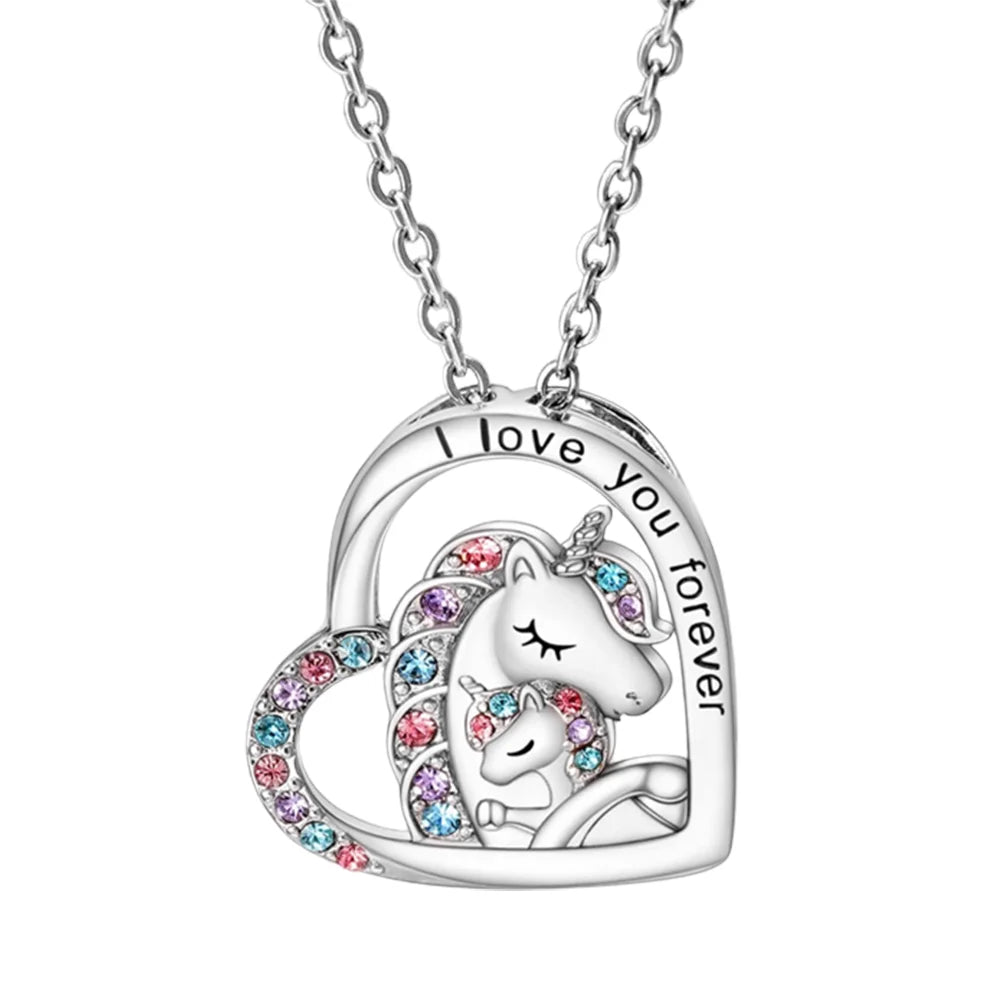 Kawaii Unicorn Heart Pendant Necklace 🌈✨ | Adorable Mother & Child Charm Jewelry for Girls 💖🎁