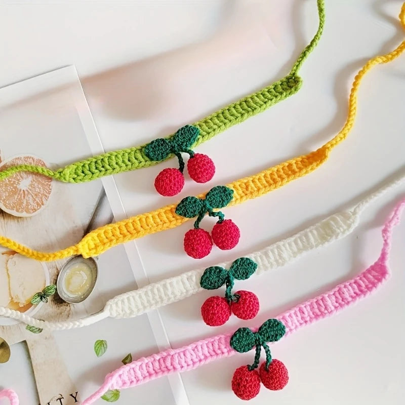 🌸 Adorable Cherry Charm Cat Collar 🌟 Handmade Knitted Cutie for Your Feline Friend 🐾✨