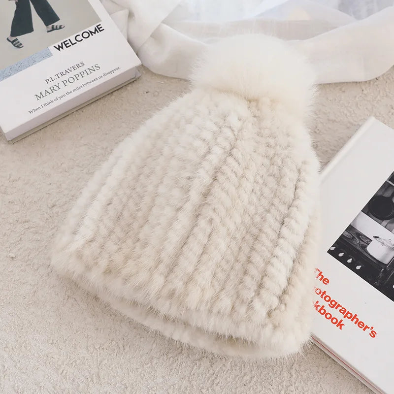 Fluffy Real Mink Fur Hat For Women With Fox Fur Pom Poms ❄️ Cozy Winter Beanie