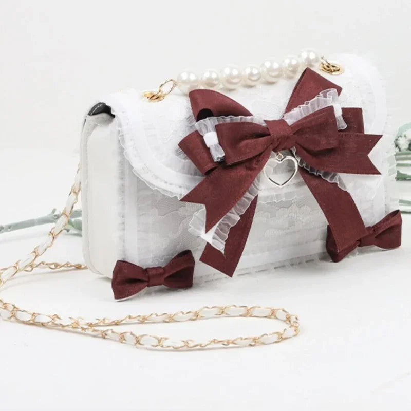 ✨ Kawaii Lolita Bow & Lace Crossbody Bag 🎀 | Pearl-Embellished Japanese Style Purse for Trendy Girls 🌸