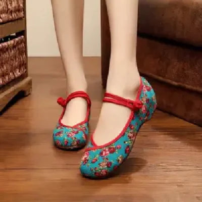 Retro Red Embroidered Ballet Flats Women Casual Anti Skid Hemp Flat Shoes 👡🌸