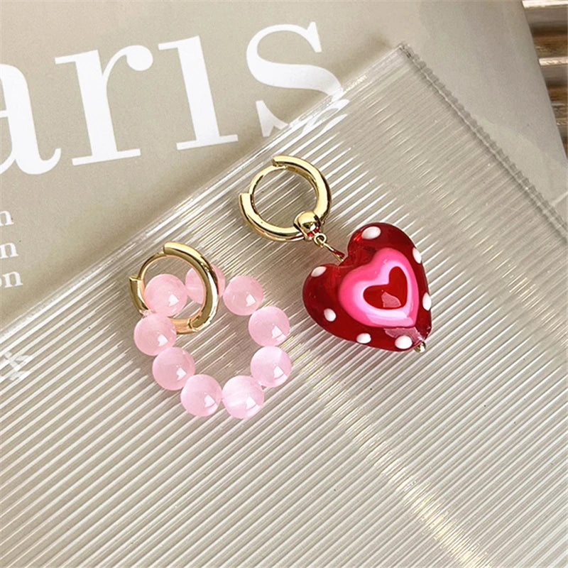 Kawaii Sweetheart Red Glass Heart Drop Earrings 💖✨ - Adorable Asymmetrical Jewelry for Party Girls!
