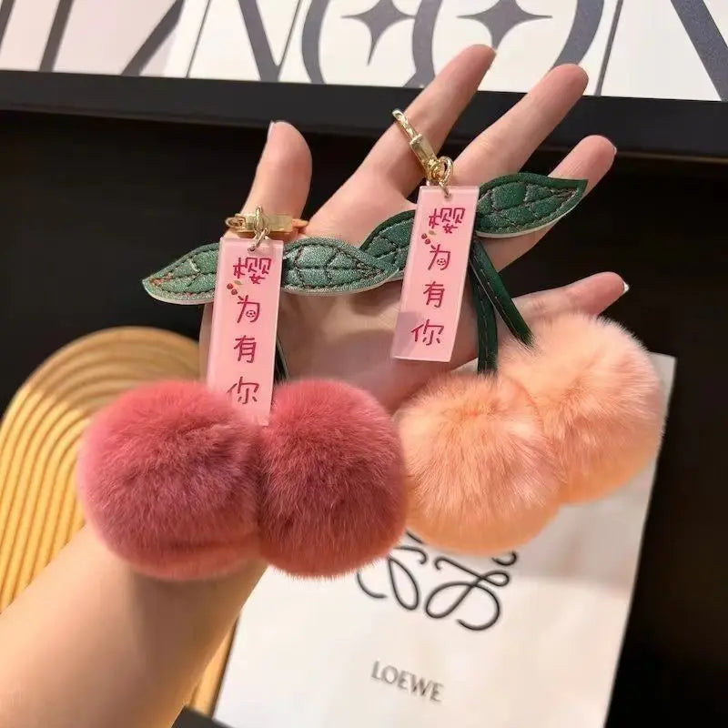 Fluffy Rex Rabbit Fur Ball Pompom Leaf Keychain Cherry Charm 🐰🍒✨