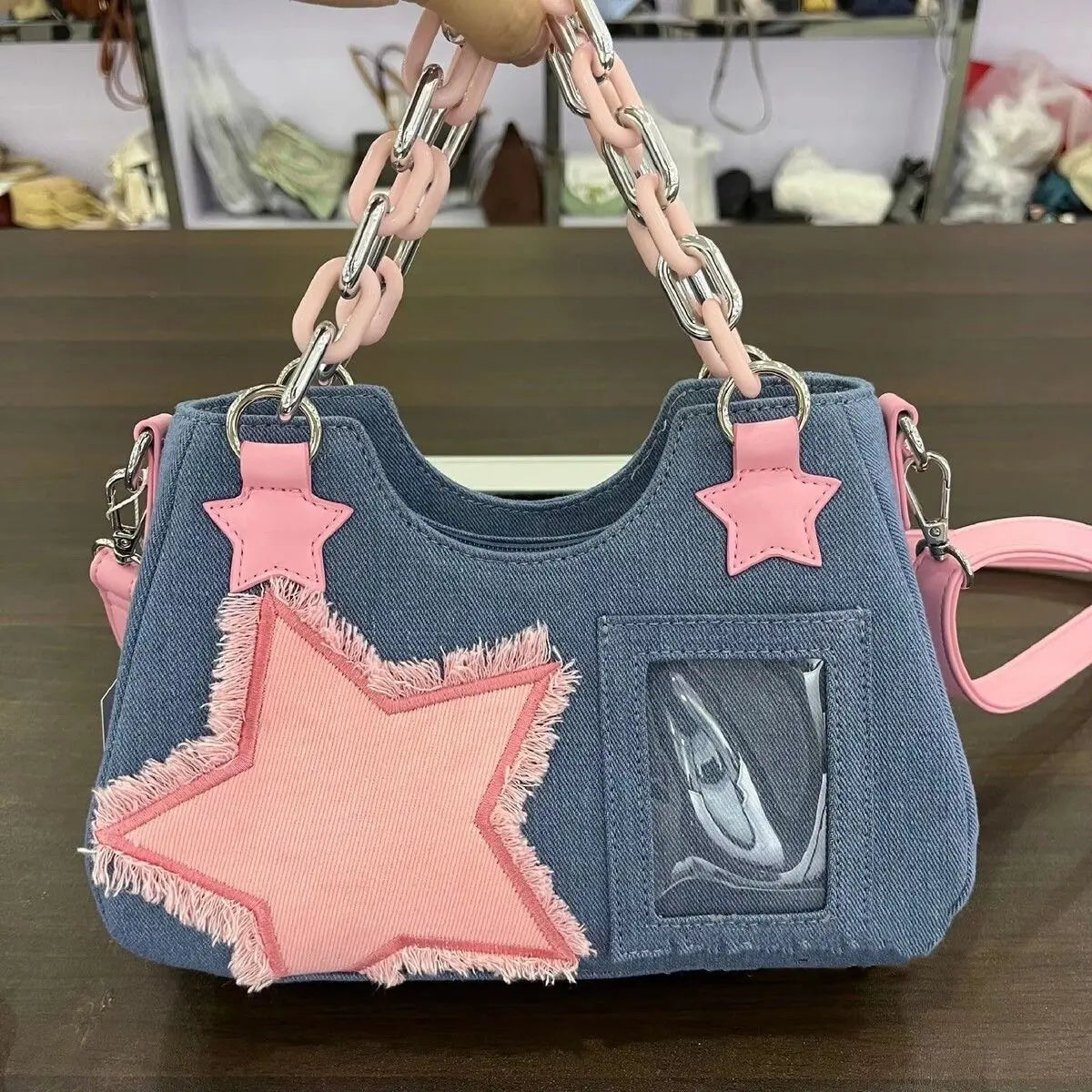 Splicing Hit Color Handbag Niche Design Chain Cowboy Handbag Star American Retro Itabag Y2k Shoulder Bag 2023 New Women'S Bag