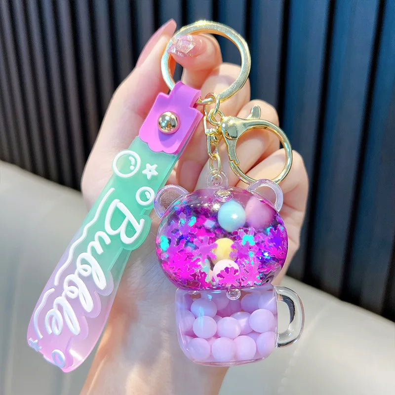 🐱✨Adorable Kitty Tea Cup Liquid Keychain 🌈💖 Floating Quicksand Joy! Perfect Pendant for Girls & Backpacks! 🎒🌟