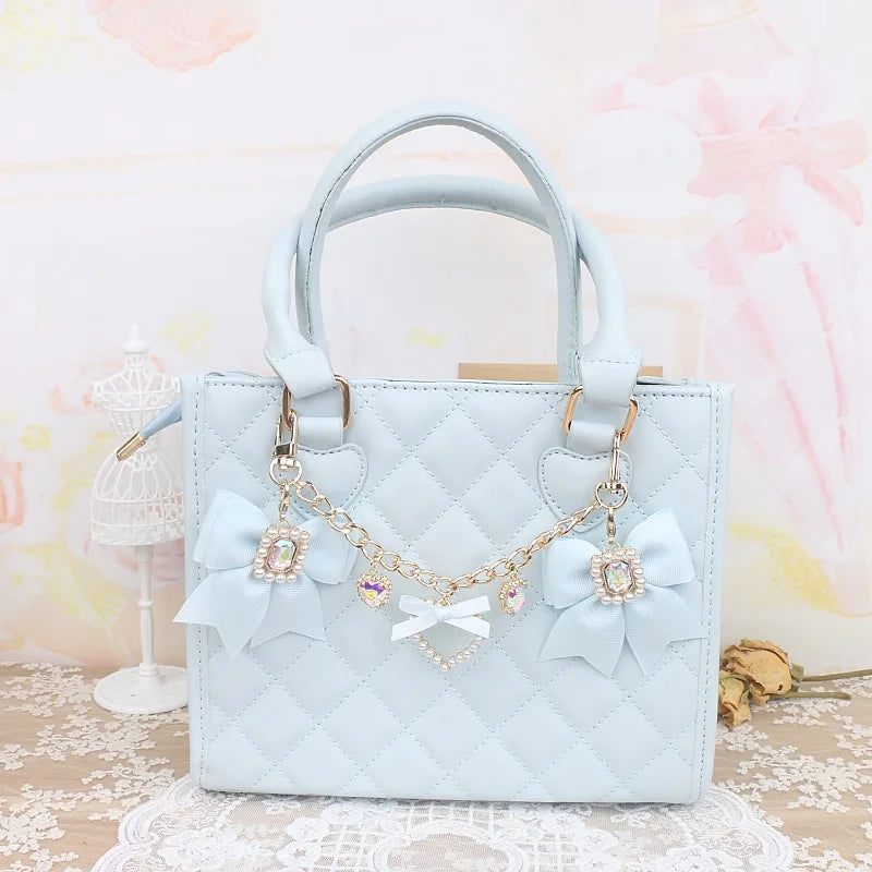 Kawaii Pearl Bow Rhinestone Love Pendant Bag Charm 🎀 | Handmade Japanese Sweet Accessories for Girls 💖✨