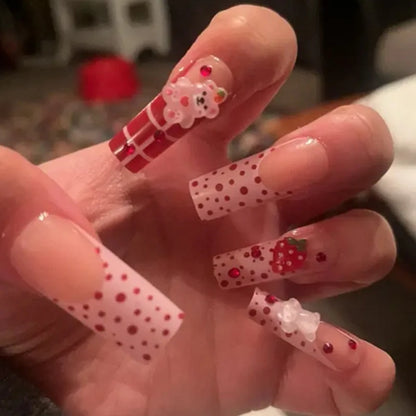 Kawaii Strawberry Bear Nail Art Set 🍓🐻 | 24 Adorable False Nails for Women & Girls ✨