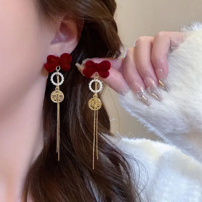 Charming Wine Red Bow Pearl Tassel Earrings 🎀🌟 | Kawaii 2024 Bridal Jewelry ✨