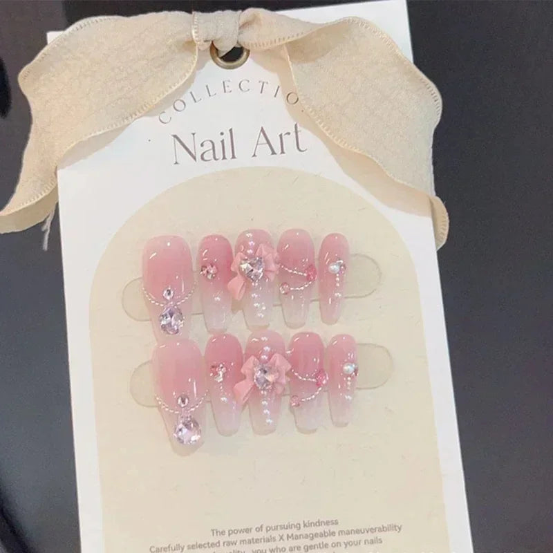 Kawaii 3D Press-On Nails Set 💖✨ - 10Pcs with Love Hearts, Moon, Butterfly & Rhinestones 🌙🦋 - Perfect for Nail Art Lovers!