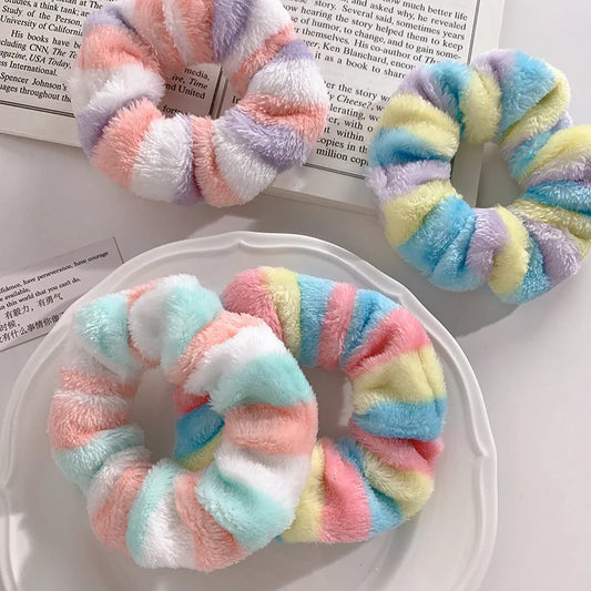 Kawaii Rainbow Fluffy Hair Scrunchies 🎀✨ | 4pcs Soft Towel Hair Bands for Girls & Women 🌈💕