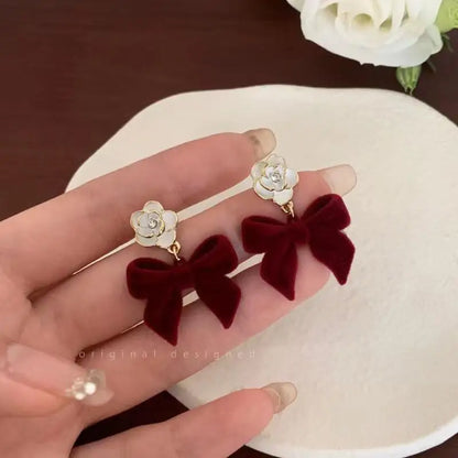 Charming Wine Red Bow Pearl Tassel Earrings 🎀🌟 | Kawaii 2024 Bridal Jewelry ✨