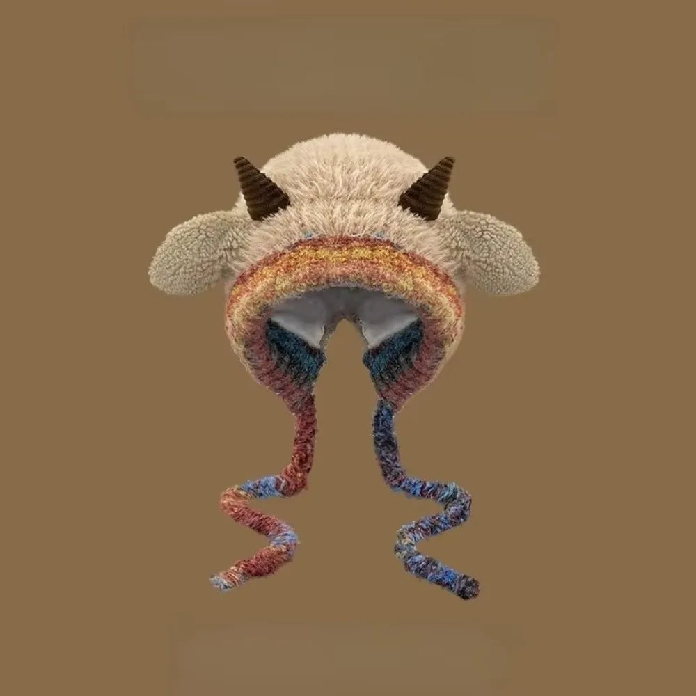Cute Plush Knit Beanie With Earmuffs Horn Design Winter Hat For Women❄️
