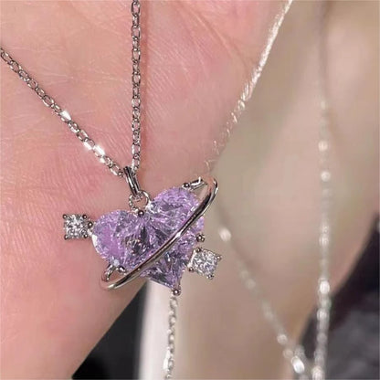 Kawaii Pink Planet Heart Zircon Pendant Necklace 🌟💖 | Trendy Clavicle Chain for Fashionable Women | Perfect Valentine's Day Gift 🎁✨