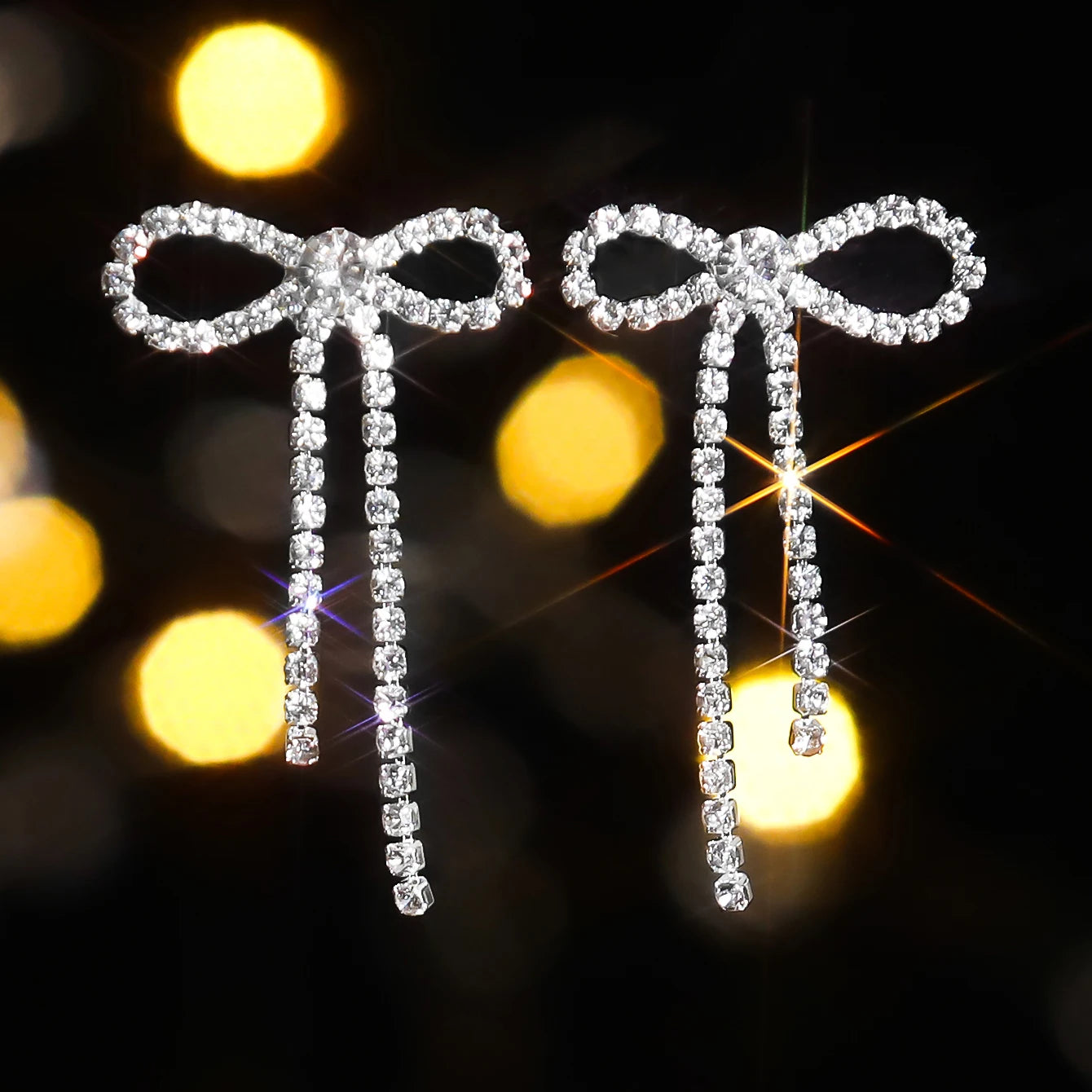 Kawaii Charm ✨ Colorful Rhinestone Bow Dangle Earrings with Long Tassels 🌈 Cute Sparkly Jewelry for Women