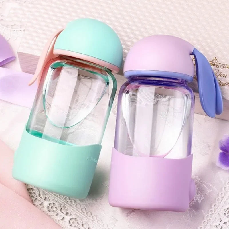 Rabbit Glass Bottle 🐰💧 with Silly Sleeve – Perfect for Kids & Girls! 🎉✨ - Pixie Quill