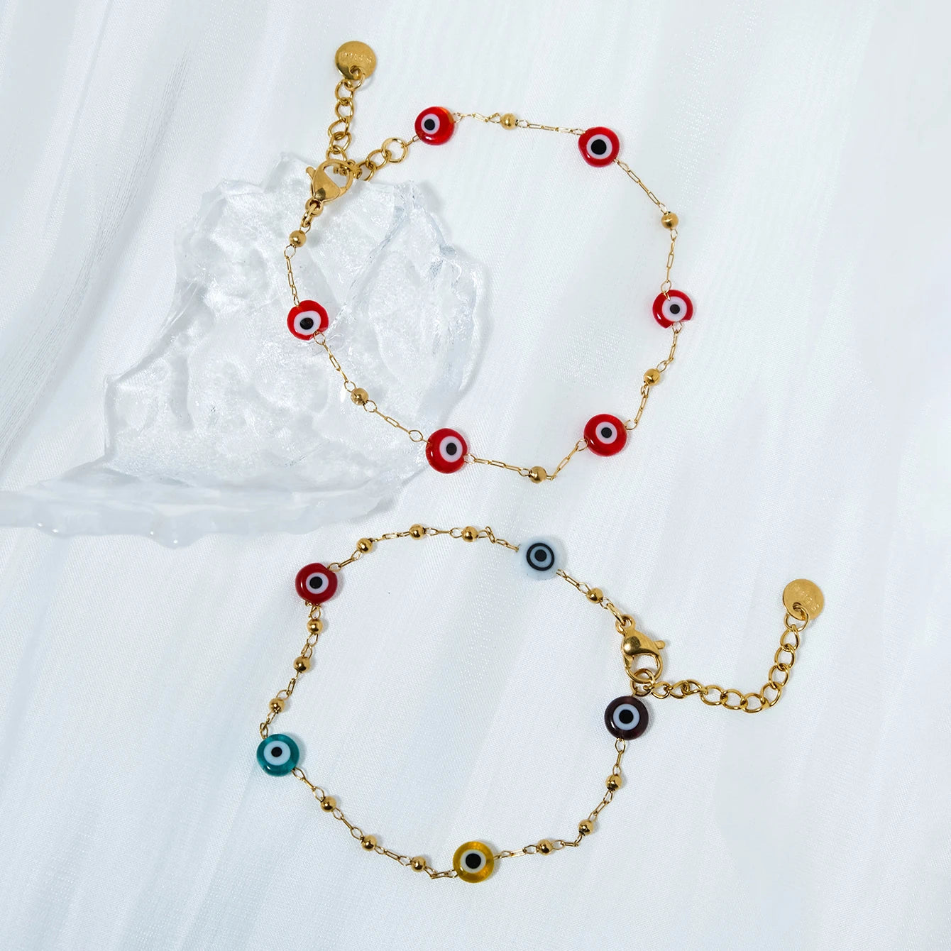 Pastel Chibi Devil's Eye Beads Stainless Steel Bracelet For Women 14K Plated Chain Jewelry Daily Wear 🧿💗🎀