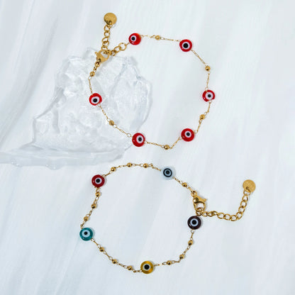 Pastel Chibi Devil's Eye Beads Stainless Steel Bracelet For Women 14K Plated Chain Jewelry Daily Wear 🧿💗🎀