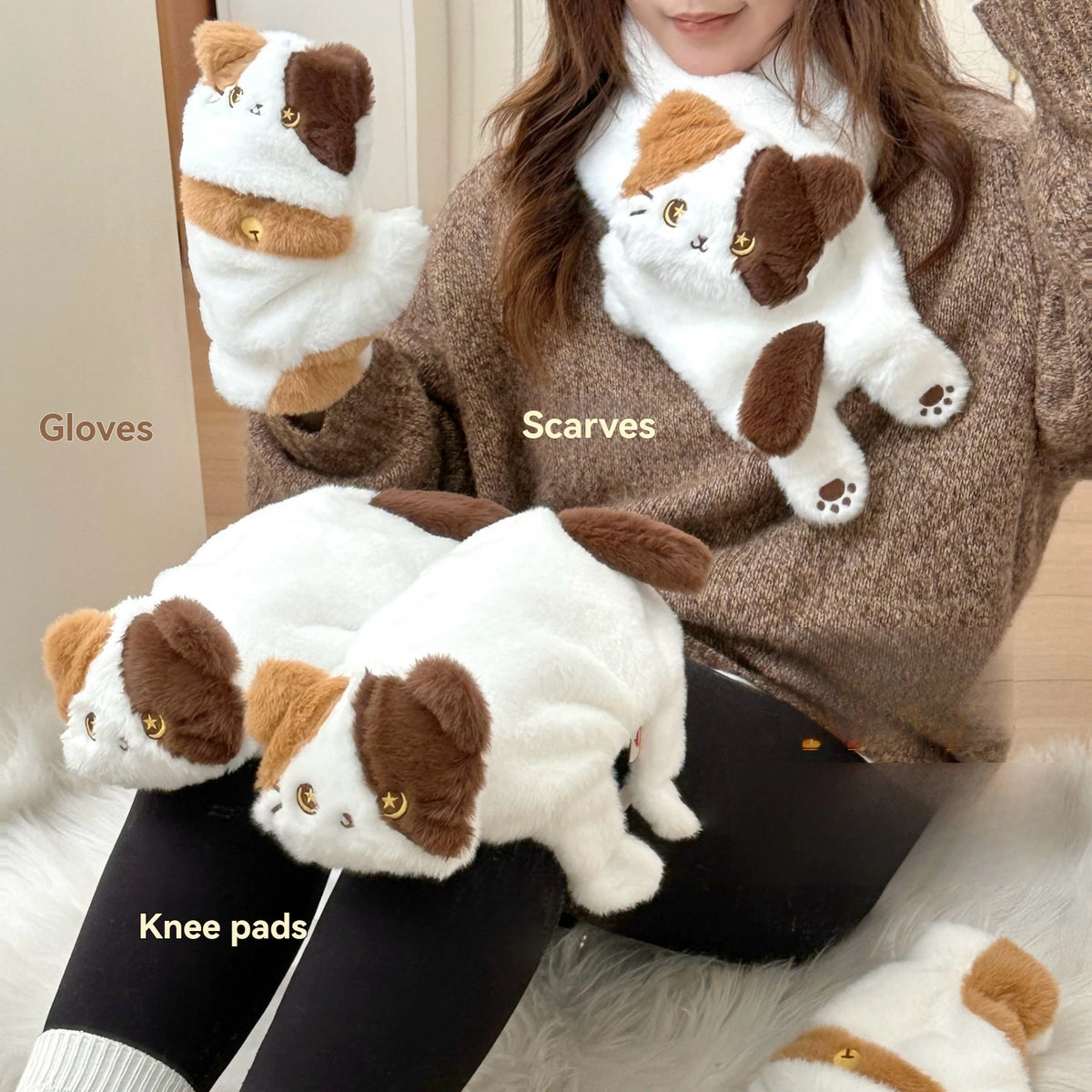 Winter Cute Cat Gloves Scarf Windproof Knee Protector Set Outdoor Warm Small Scarf
