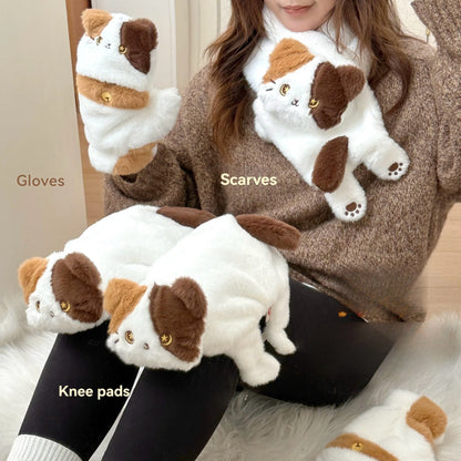 Winter Cute Cat Gloves Scarf Windproof Knee Protector Set Outdoor Warm Small Scarf